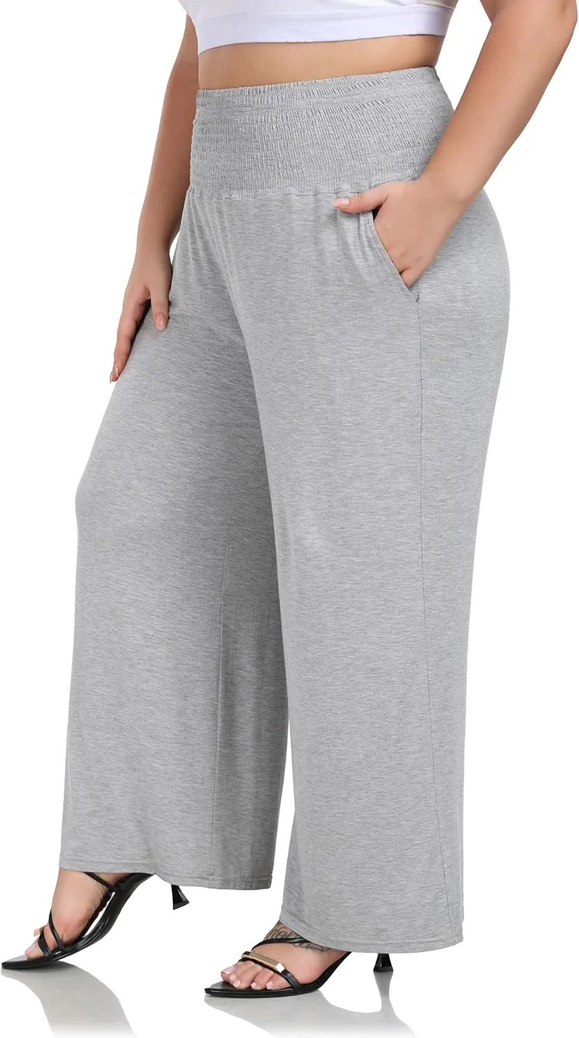 ZERDOCEAN Women's Plus Size Palazzo Pants Wide Leg Smocked Waist Casual Loose Lounge Pants with Pockets