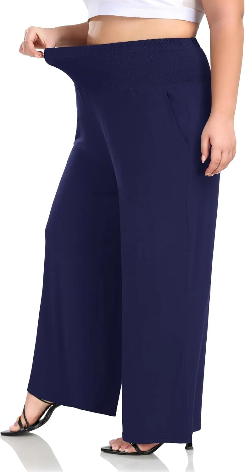 ZERDOCEAN Women's Plus Size Palazzo Pants Wide Leg Smocked Waist Casual Loose Lounge Pants with Pockets