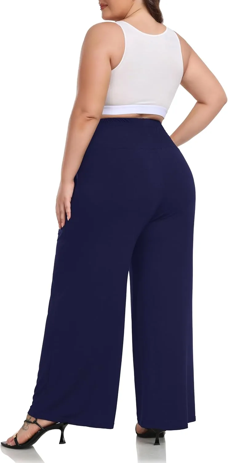 ZERDOCEAN Women's Plus Size Palazzo Pants Wide Leg Smocked Waist Casual Loose Lounge Pants with Pockets