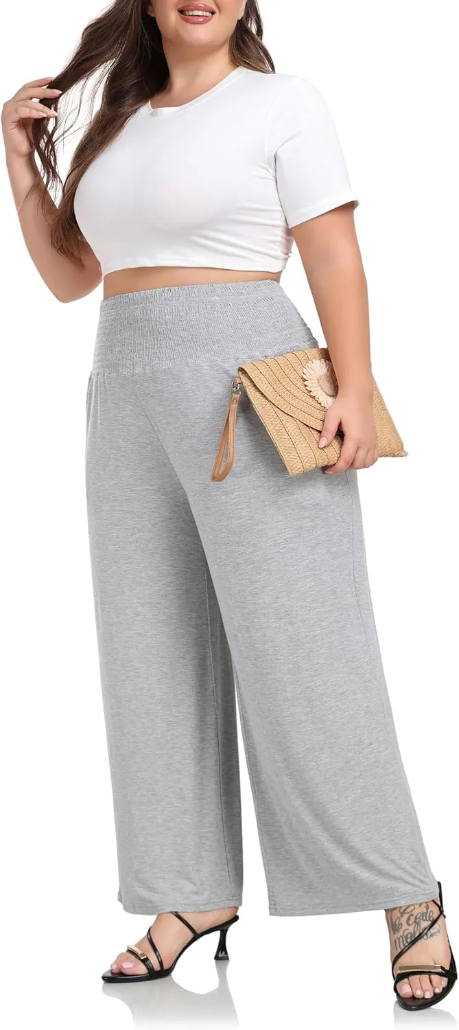 ZERDOCEAN Women's Plus Size Palazzo Pants Wide Leg Smocked Waist Casual Loose Lounge Pants with Pockets
