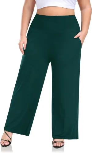 ZERDOCEAN Women's Plus Size Palazzo Pants Wide Leg Smocked Waist Casual Loose Lounge Pants with Pockets