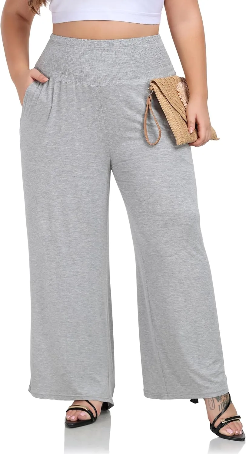 ZERDOCEAN Women's Plus Size Palazzo Pants Wide Leg Smocked Waist Casual Loose Lounge Pants with Pockets
