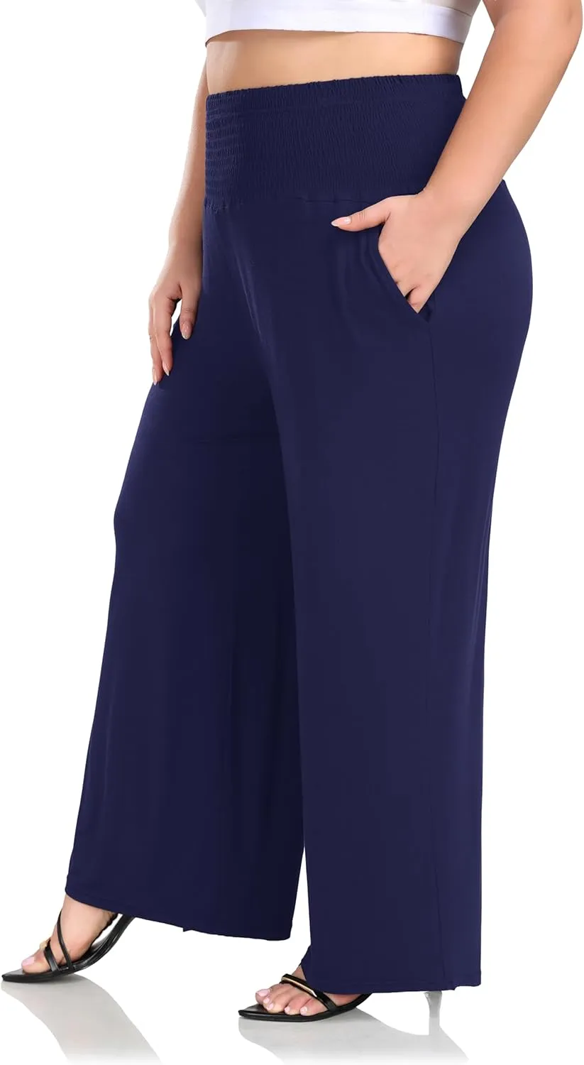 ZERDOCEAN Women's Plus Size Palazzo Pants Wide Leg Smocked Waist Casual Loose Lounge Pants with Pockets