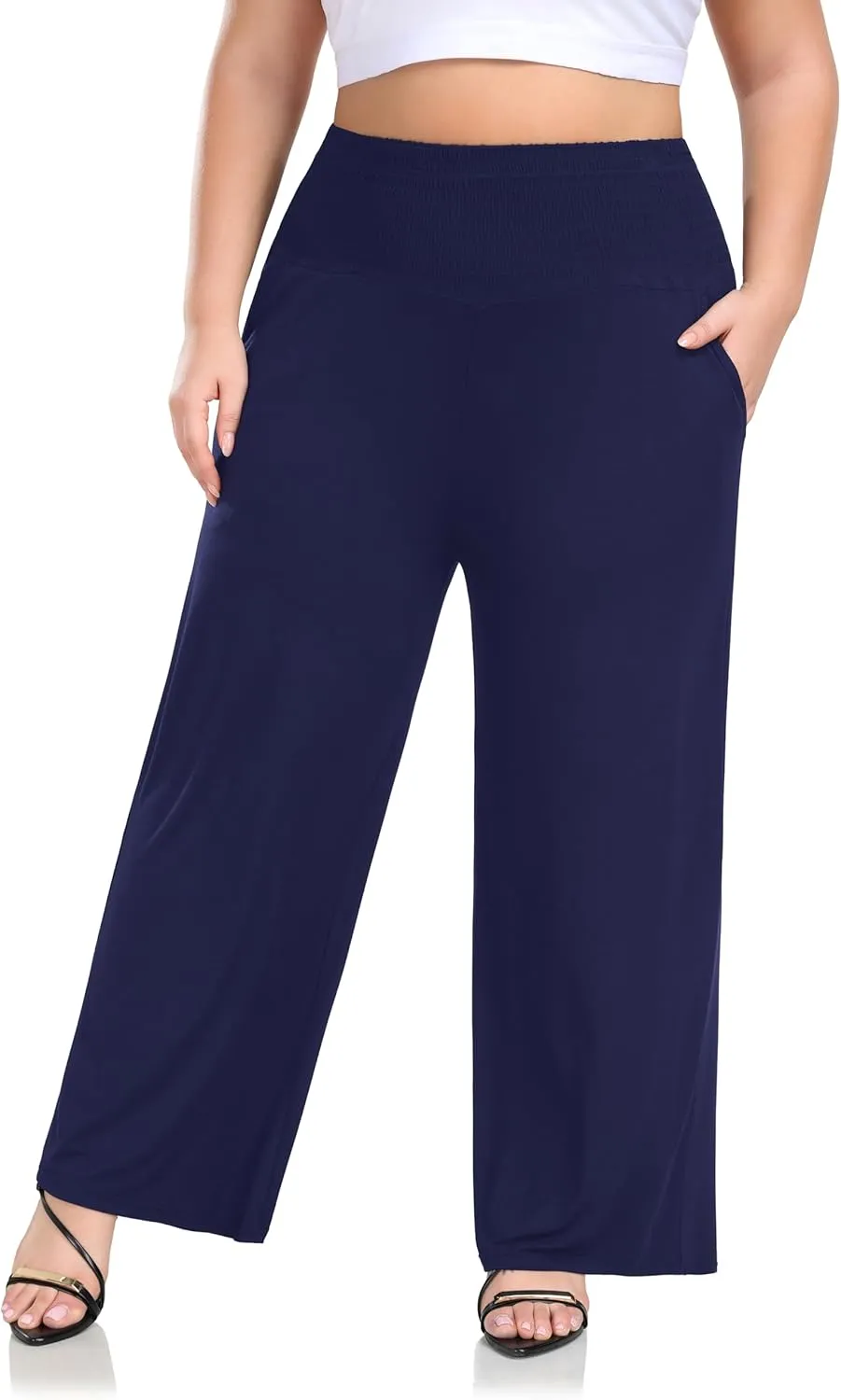 ZERDOCEAN Women's Plus Size Palazzo Pants Wide Leg Smocked Waist Casual Loose Lounge Pants with Pockets