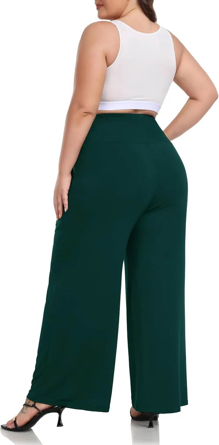 ZERDOCEAN Women's Plus Size Palazzo Pants Wide Leg Smocked Waist Casual Loose Lounge Pants with Pockets