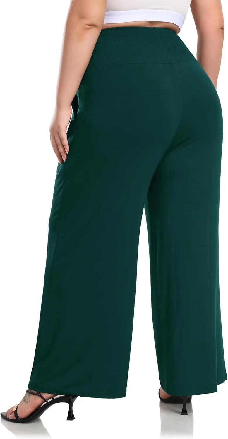 ZERDOCEAN Women's Plus Size Palazzo Pants Wide Leg Smocked Waist Casual Loose Lounge Pants with Pockets