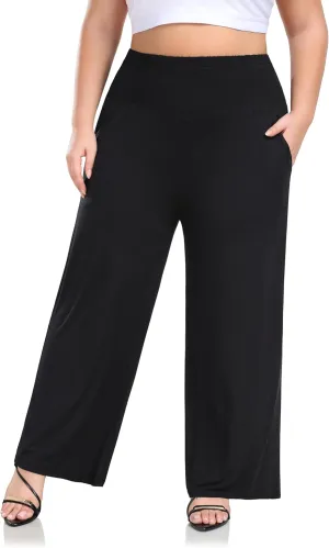 ZERDOCEAN Women's Plus Size Palazzo Pants Wide Leg Smocked Waist Casual Loose Lounge Pants with Pockets