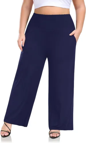 ZERDOCEAN Women's Plus Size Palazzo Pants Wide Leg Smocked Waist Casual Loose Lounge Pants with Pockets