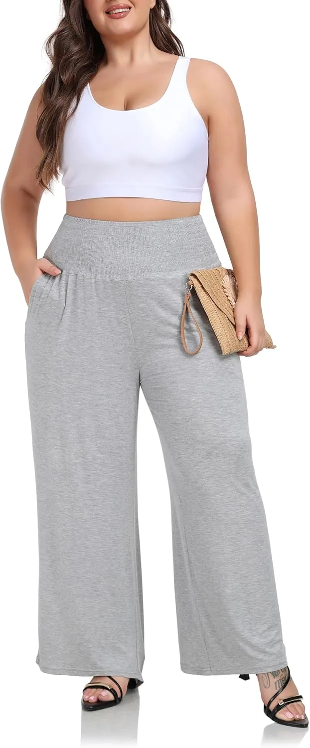 ZERDOCEAN Women's Plus Size Palazzo Pants Wide Leg Smocked Waist Casual Loose Lounge Pants with Pockets