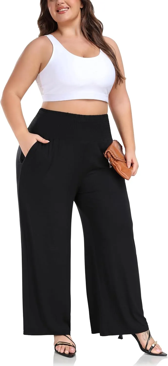 ZERDOCEAN Women's Plus Size Palazzo Pants Wide Leg Smocked Waist Casual Loose Lounge Pants with Pockets