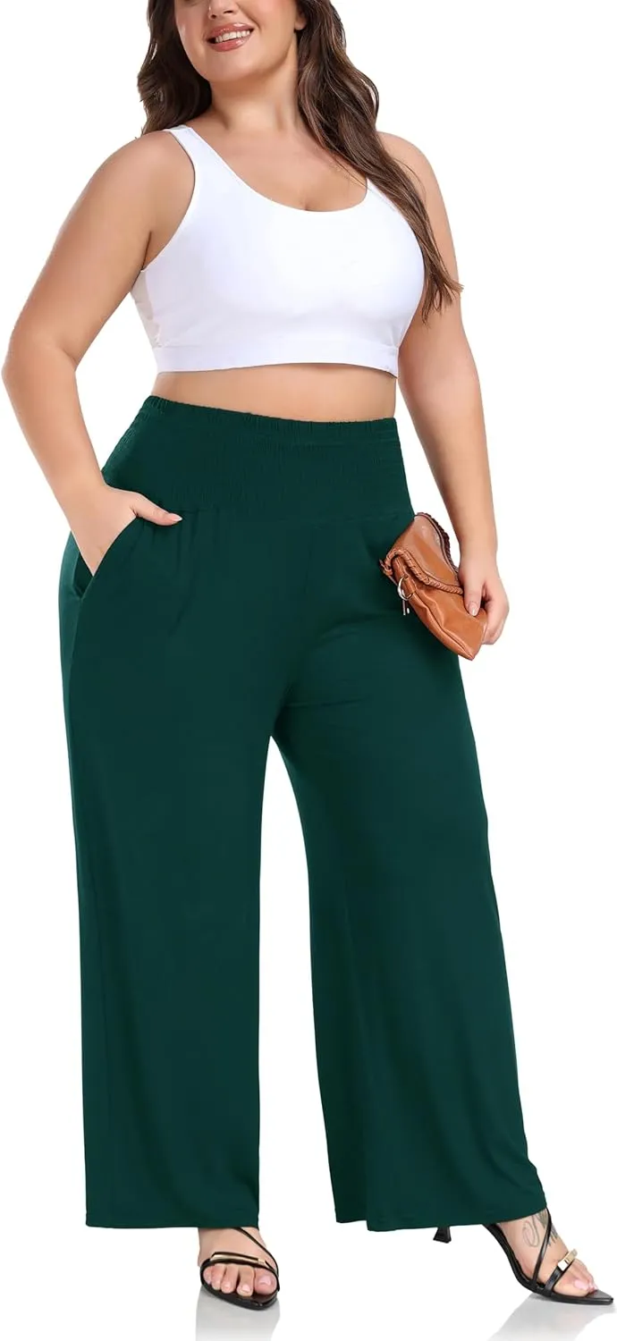 ZERDOCEAN Women's Plus Size Palazzo Pants Wide Leg Smocked Waist Casual Loose Lounge Pants with Pockets
