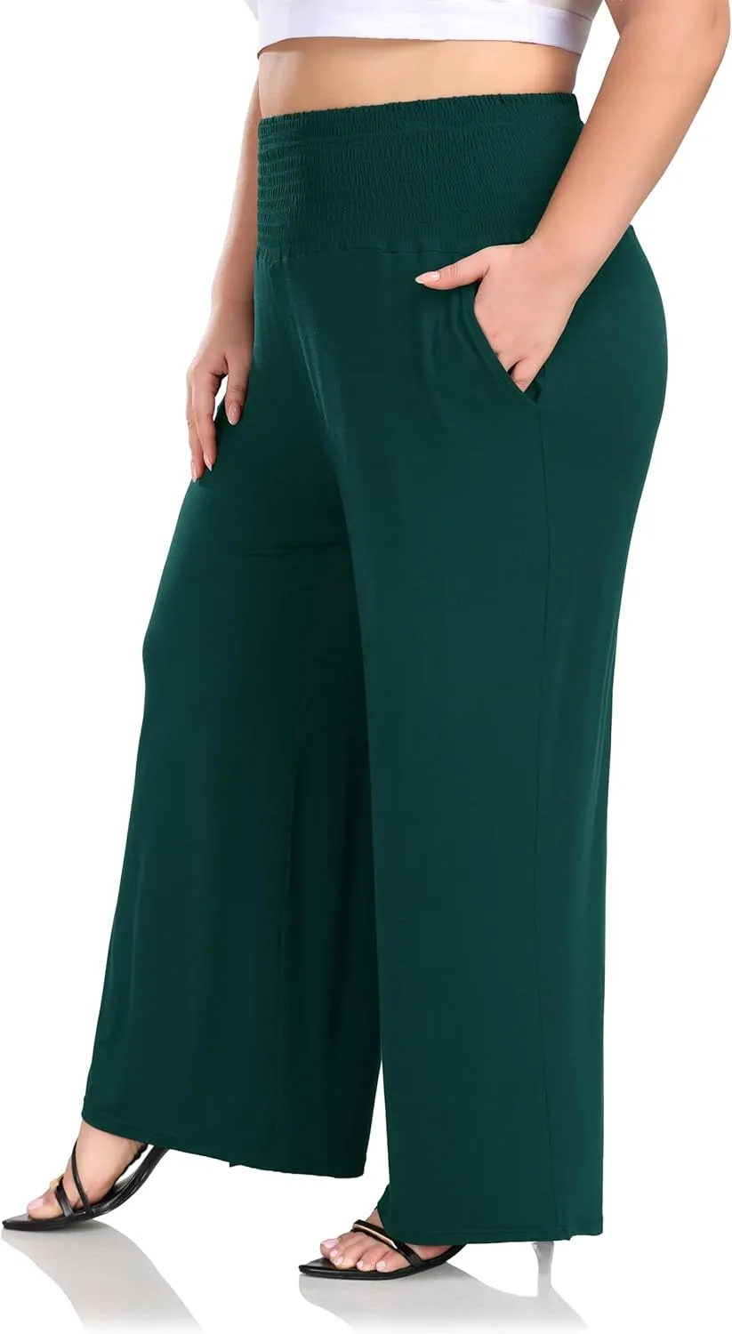 ZERDOCEAN Women's Plus Size Palazzo Pants Wide Leg Smocked Waist Casual Loose Lounge Pants with Pockets
