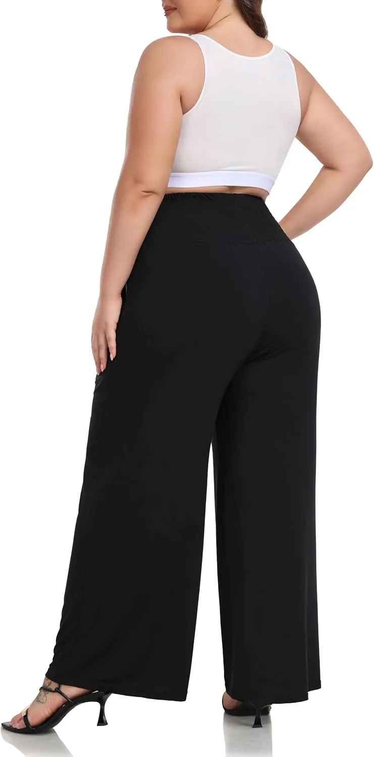 ZERDOCEAN Women's Plus Size Palazzo Pants Wide Leg Smocked Waist Casual Loose Lounge Pants with Pockets