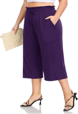 ZERDOCEAN Women's Plus Size Wide Leg Capris High Waisted Casual Lounge Pants with Drawstring Pockets