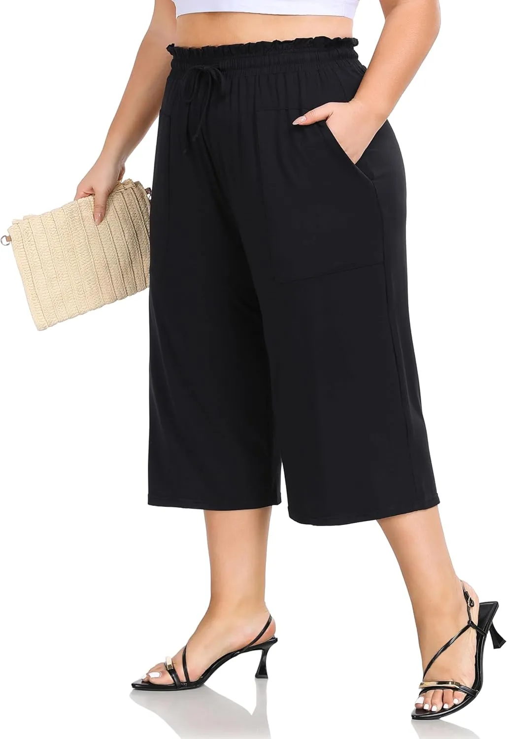 ZERDOCEAN Women's Plus Size Wide Leg Capris High Waisted Casual Lounge Pants with Drawstring Pockets