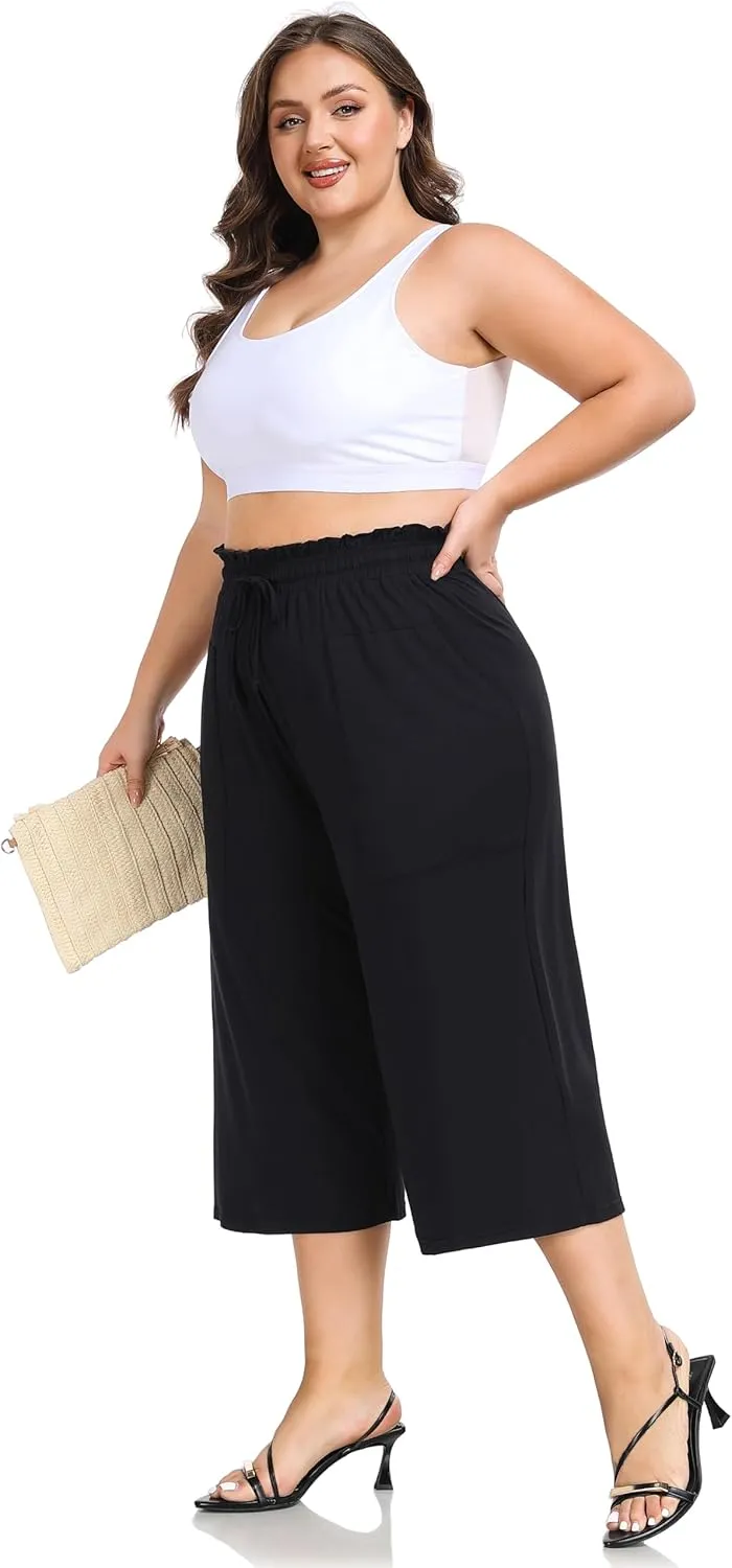 ZERDOCEAN Women's Plus Size Wide Leg Capris High Waisted Casual Lounge Pants with Drawstring Pockets