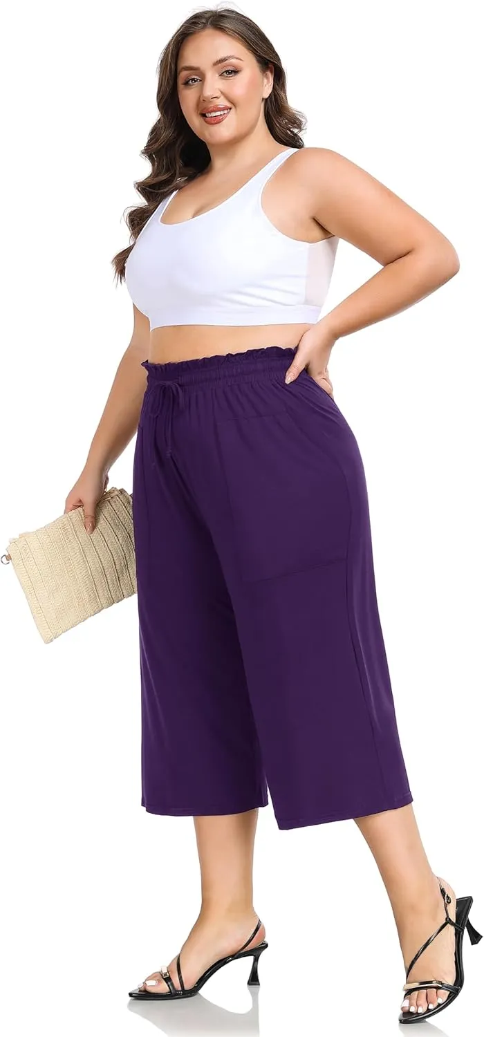 ZERDOCEAN Women's Plus Size Wide Leg Capris High Waisted Casual Lounge Pants with Drawstring Pockets