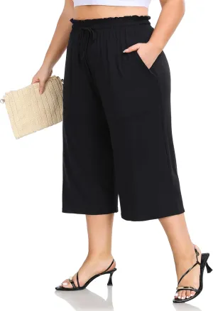 ZERDOCEAN Women's Plus Size Wide Leg Capris High Waisted Casual Lounge Pants with Drawstring Pockets