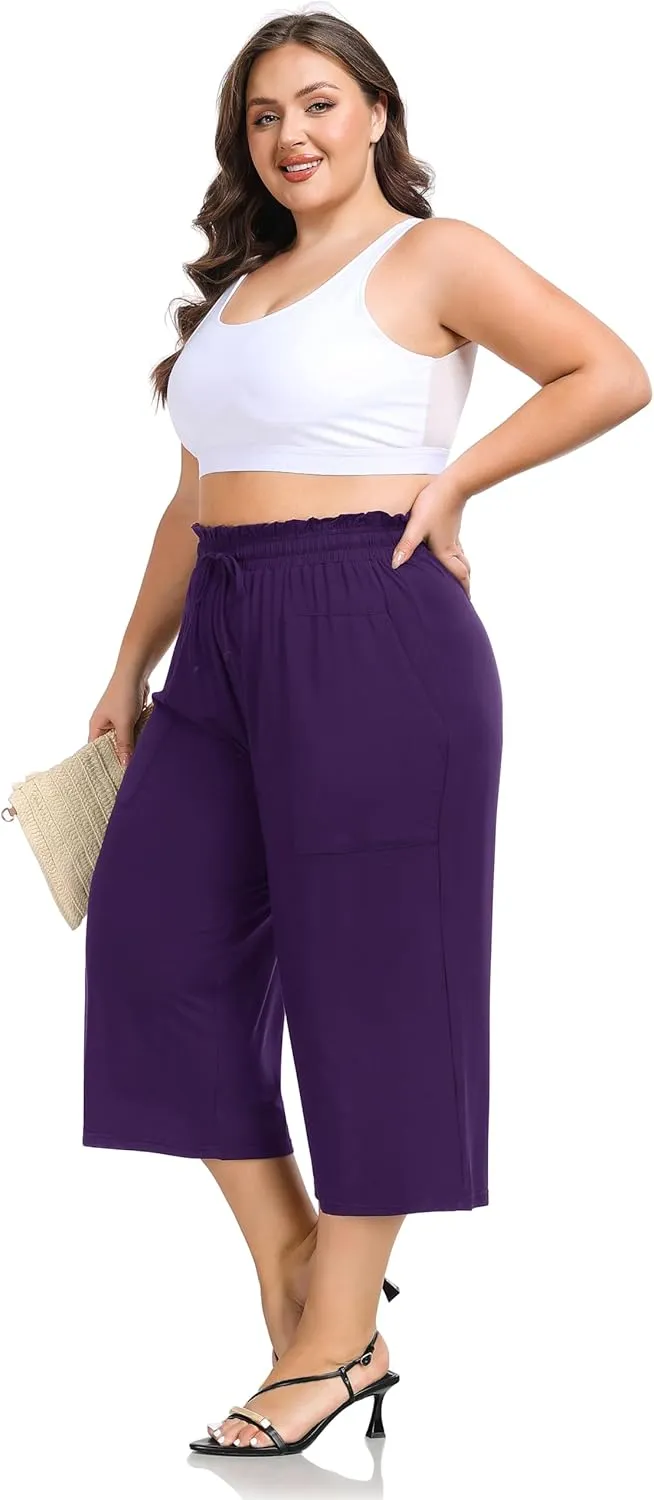 ZERDOCEAN Women's Plus Size Wide Leg Capris High Waisted Casual Lounge Pants with Drawstring Pockets
