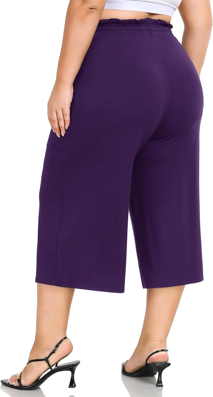 ZERDOCEAN Women's Plus Size Wide Leg Capris High Waisted Casual Lounge Pants with Drawstring Pockets