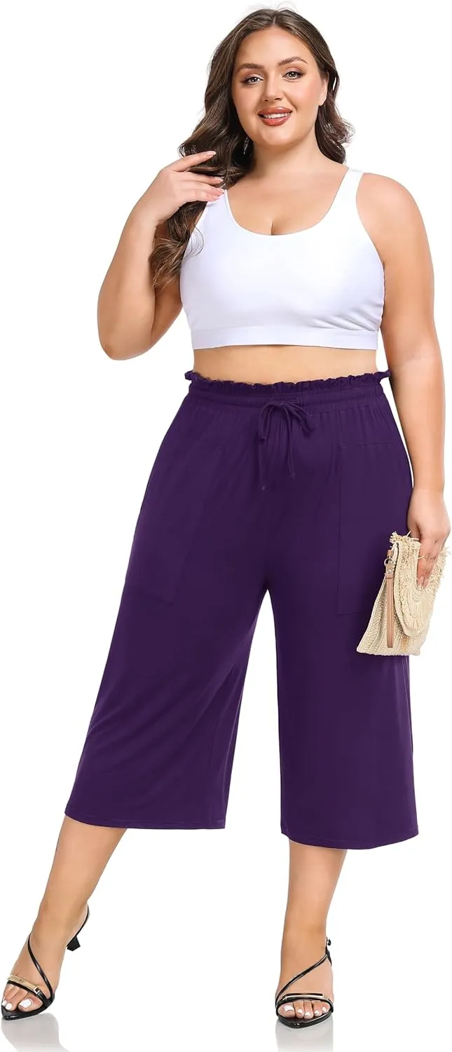 ZERDOCEAN Women's Plus Size Wide Leg Capris High Waisted Casual Lounge Pants with Drawstring Pockets