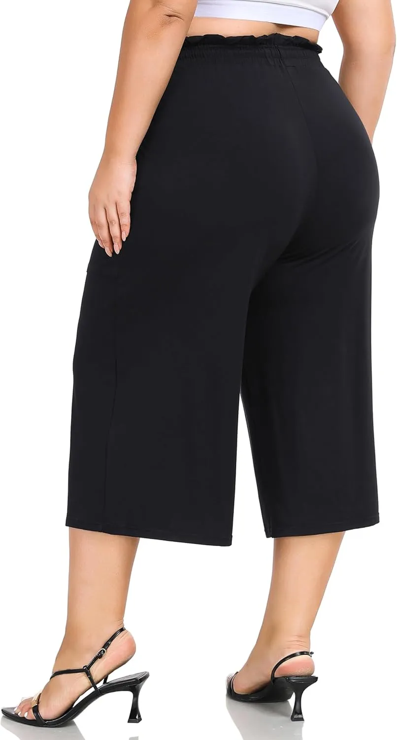 ZERDOCEAN Women's Plus Size Wide Leg Capris High Waisted Casual Lounge Pants with Drawstring Pockets