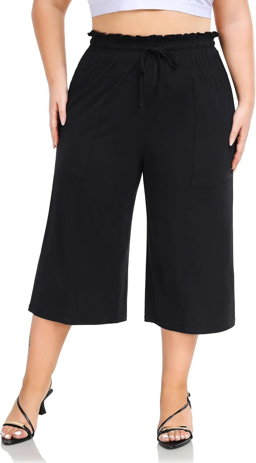 ZERDOCEAN Women's Plus Size Wide Leg Capris High Waisted Casual Lounge Pants with Drawstring Pockets