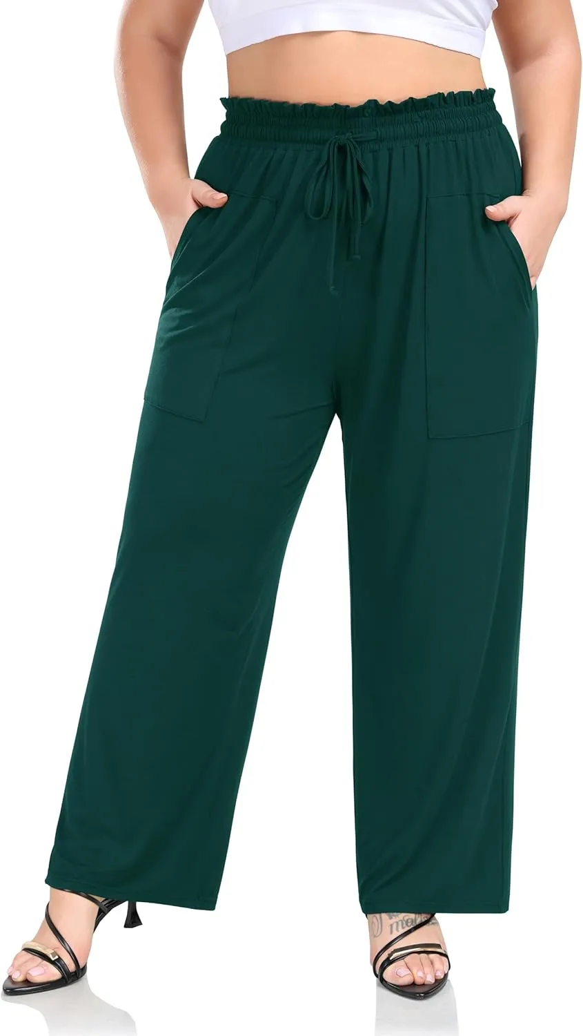 ZERDOCEAN Women's Plus Size Wide Leg Pants High Waisted Casual Lounge Yoga Pants with Drawstring Pockets