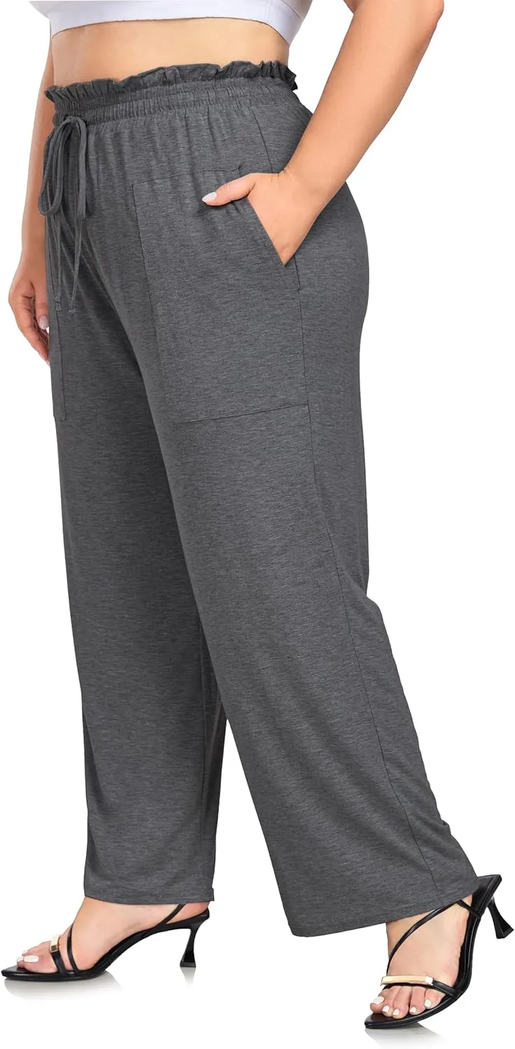 ZERDOCEAN Women's Plus Size Wide Leg Pants High Waisted Casual Lounge Yoga Pants with Drawstring Pockets