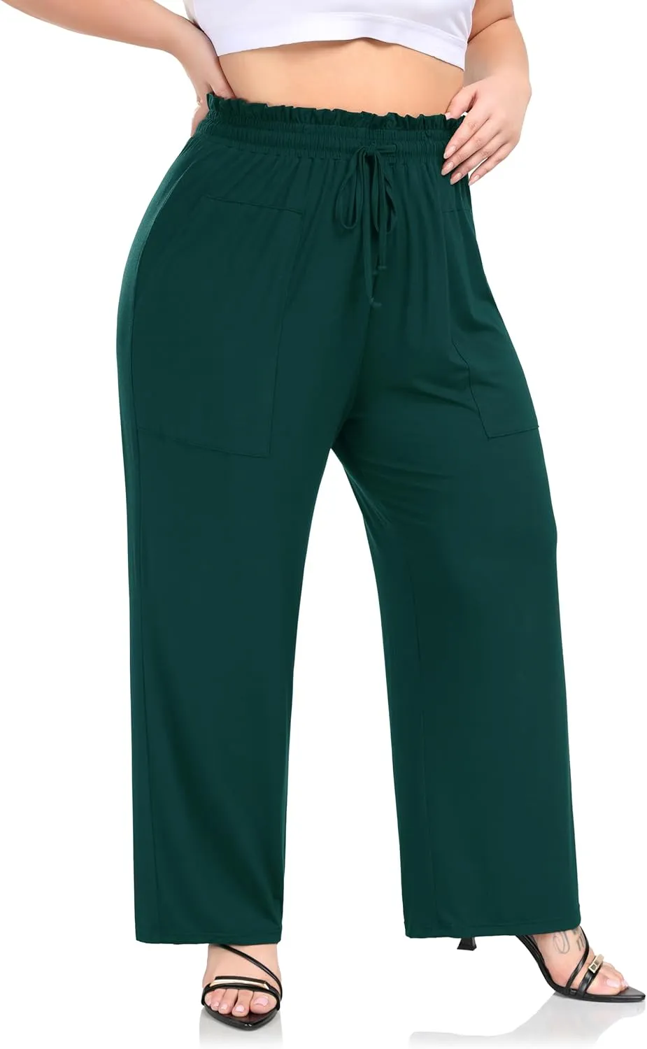 ZERDOCEAN Women's Plus Size Wide Leg Pants High Waisted Casual Lounge Yoga Pants with Drawstring Pockets