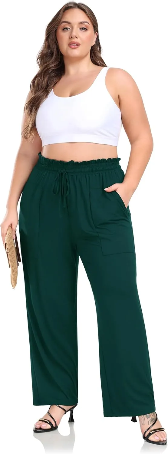 ZERDOCEAN Women's Plus Size Wide Leg Pants High Waisted Casual Lounge Yoga Pants with Drawstring Pockets