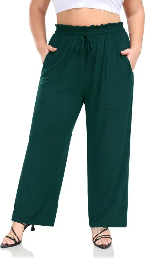 ZERDOCEAN Women's Plus Size Wide Leg Pants High Waisted Casual Lounge Yoga Pants with Drawstring Pockets