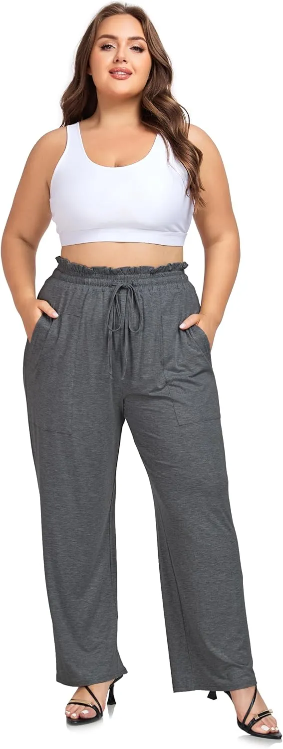 ZERDOCEAN Women's Plus Size Wide Leg Pants High Waisted Casual Lounge Yoga Pants with Drawstring Pockets
