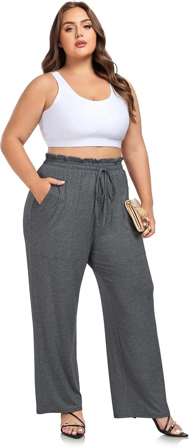 ZERDOCEAN Women's Plus Size Wide Leg Pants High Waisted Casual Lounge Yoga Pants with Drawstring Pockets