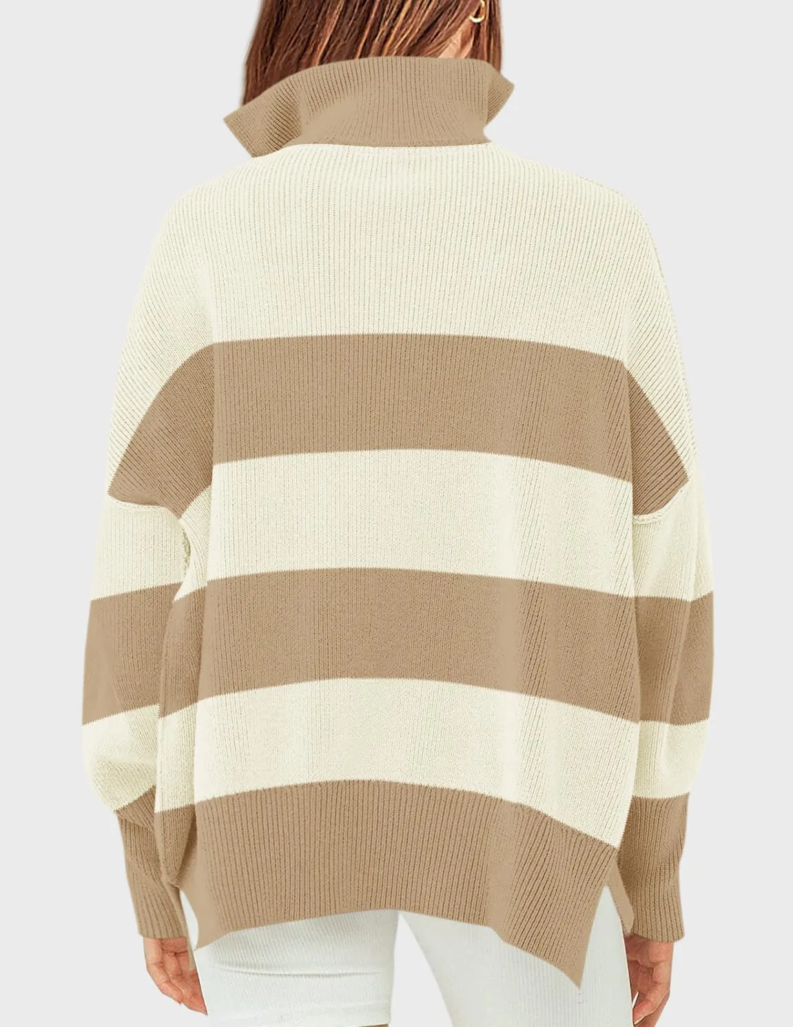 ZESICA Women's Striped Sweaters Half Zipper Long Sleeve Ribbed Knit Loose Oversized Pullover Sweater Tops
