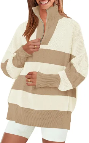 ZESICA Women's Striped Sweaters Half Zipper Long Sleeve Ribbed Knit Loose Oversized Pullover Sweater Tops