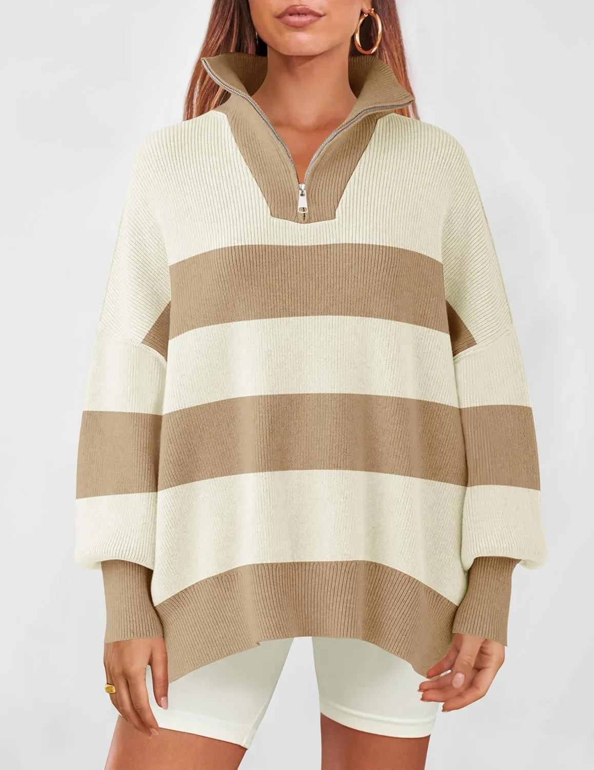 ZESICA Women's Striped Sweaters Half Zipper Long Sleeve Ribbed Knit Loose Oversized Pullover Sweater Tops