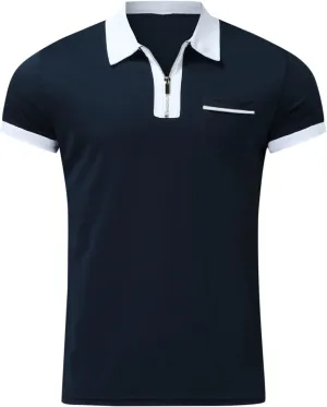 Zipper Polo Shirts Men Casual Slim Fit Short Sleeve Stylish Shirts Colorblock Lapel Work Sports Golf Tee Tops