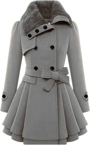 ZYXTIM Fleece Jacket for Women Plus Size Mid-Long Wool Trench Coat Faux Fur Lapel Double-Breasted Pea Coat with Belted