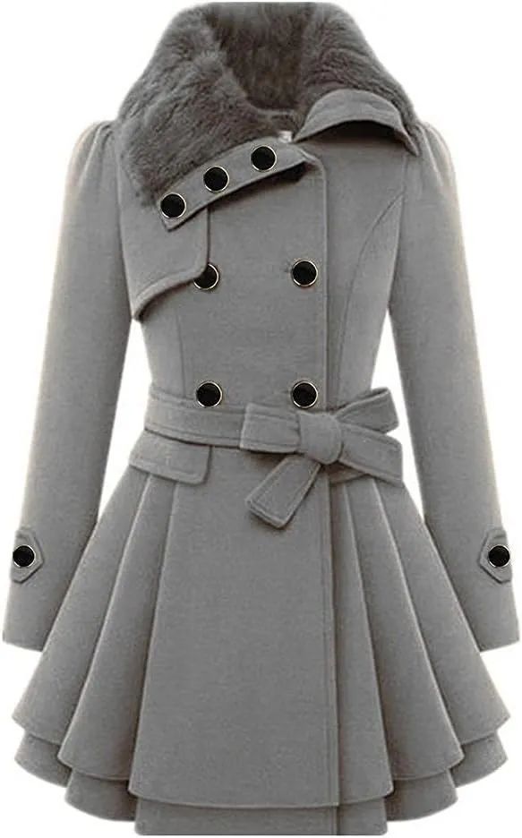 ZYXTIM Fleece Jacket for Women Plus Size Mid-Long Wool Trench Coat Faux Fur Lapel Double-Breasted Pea Coat with Belted