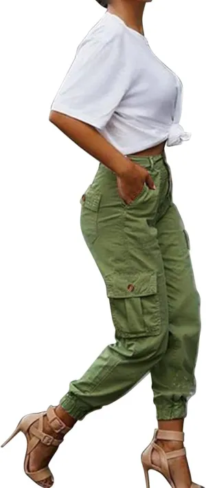ZYXTIM Women's High Waist Casual Capri Cargo Pants Elastic Waisted Ankle Length Cropped Tapered Fatigue Trousers